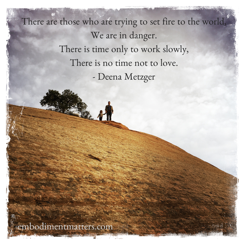 There are those who are trying to set fire to the world,We are in danger.There is time only to work slowly,There is no time not to love.- Deena Metzger (2)